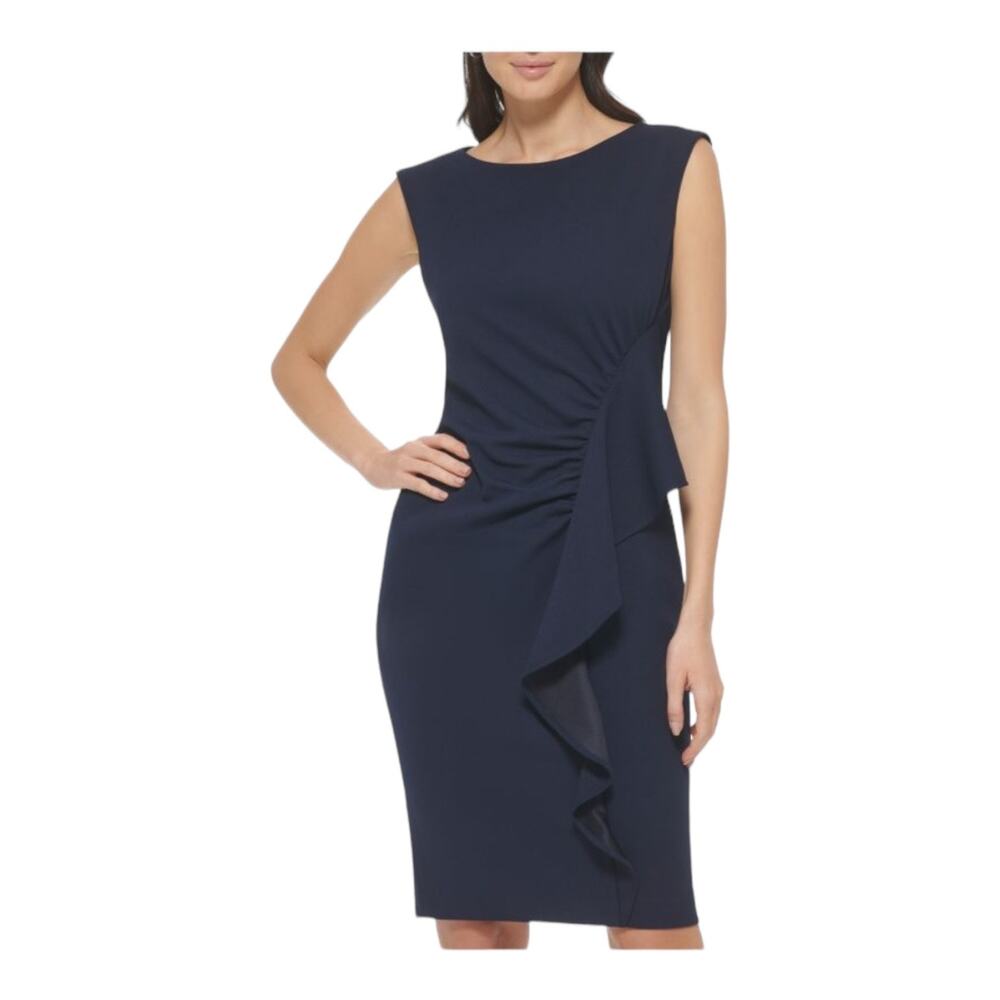 Calvin Klein dress Ruffle crepe sheath sleeveless navy blue size 8